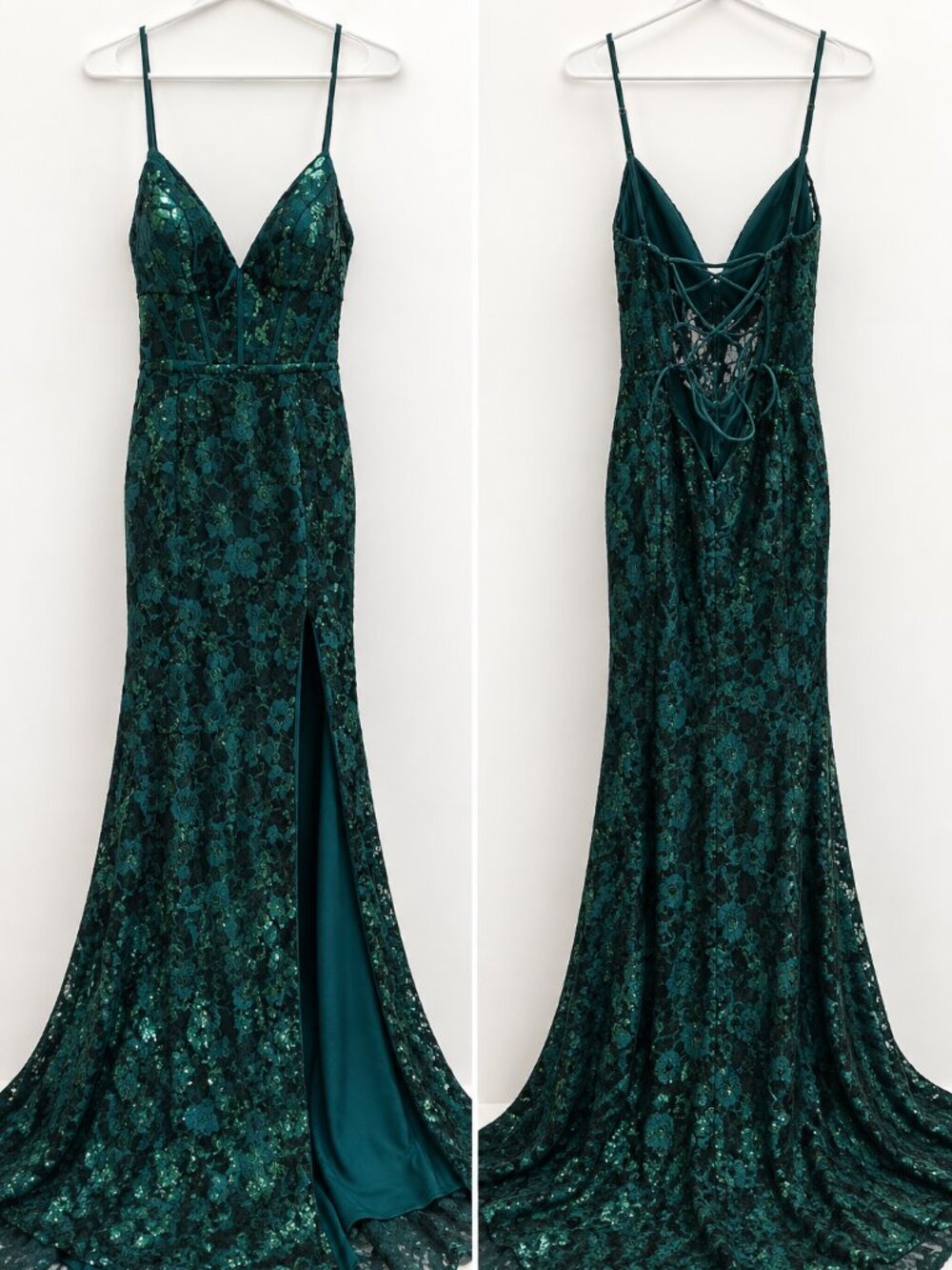 💚 Blondie Nites Emerald Green Lace Sequin Mermaid Gown – Size 3